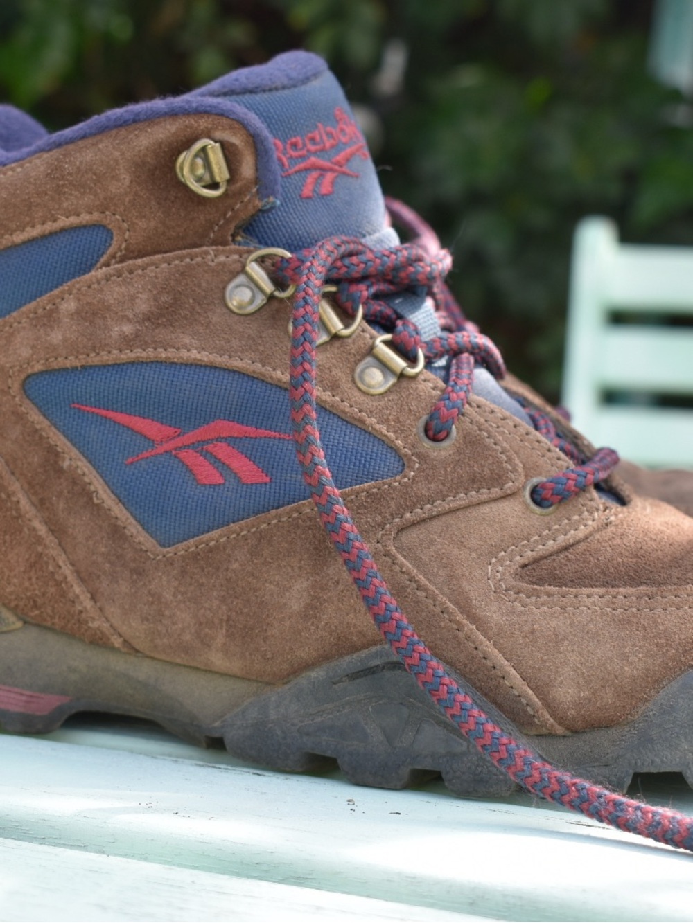 Vintage Reebok Brown Suede Hiking Boots with Navy Panels and Red Accents